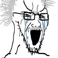 bloodshot_eyes crying einstein glasses hair large_eyebrows mustache open_mouth soyjak stretched_mouth stubble variant:soyak white_hair // 680x866 // 322.5KB