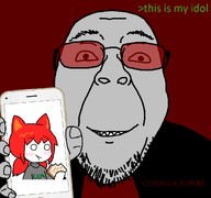 arrow clothes glasses greentext grey_skin hand happy holding_object holding_phone meta:namefags name nas:tama quickslaughter_(namefag) red_background red_glasses sharp_teeth smile stubble teeth text variant:bernd // 1200x1125 // 273.1KB