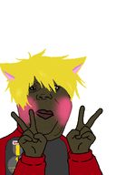 arm badge blush brown_skin cat_ear catboy closed_mouth clothes ear eyebrows eyelashes fat hair hand lips looking_at_you nate no_glasses nose peace_sign soot_colors soyjak_party stubble subvariant:hunky_twink_sex_machine variant:alicia white_background wrinkles yellow_hair // 1000x1500 // 179.2KB