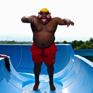 black_skin blush character:hunky clothes fat full_body meta:ai_generated obese red_shirt slide subvariant:fat_alicia subvariant:hunky_twink_sex_machine trunks tshirt variant:alicia waterpark waterslide yellow_hair // 560x560, 6s // 2.9MB