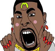 black_skin blush clothes earring facial_mark forehead_mark hair kanye_west mcdonalds necklace nose_piercing open_mouth painted_nails soyjak subvariant:slutson tshirt variant:cobson // 767x721 // 46.4KB