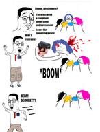 3soyjaks anhero badge blood blue_hair closed_mouth clothes comic excited firearm fuck full_body gamestop glasses gun hair hand hands_up holding_gun holding_object holding_pistol irl necktie open_mouth pistol purple_hair security shooting soyjak stubble suicide text tranny variant:chudjak weapon yellow_hair // 460x606 // 138.9KB