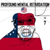 angry bald black_eyes black_hole black_sclera clenched_teeth closed_mouth cracked_teeth drool ear flag flag:georgia_(us_state) flag:united_states georgia_(us_state) glasses hair iq iq_bell_curve mustache nightmare_fuel no_pupils profound_mental_retardation retard soyjak star_(symbol) state stubble text united_states variant:feraljak wrinkles // 1024x1024 // 60.2KB