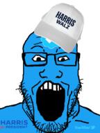 blue_skin checkmark gape gaping_mouth glasses harris_for_president kamala_harris open_mouth shitter soyjak stubble text tim_walz twitter variant:markiplier_soyjak x xitter // 600x800 // 202.0KB