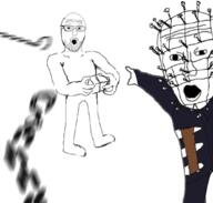 2soyjaks cenobite chains clothes full_body hellraiser open_mouth pinhead_(hellraiser) soyjak variant:two_pointing_soyjaks // 1077x1024 // 564.8KB