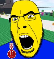 angry badge glasses open_mouth roblox soyjak stubble variant:cobson yellow_skin // 721x789 // 284.9KB