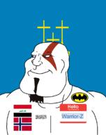 Warrior-Z(user) afghanistan arabic_text aryan batman batman_(series) beard blue_eyes buff closed_mouth county flag flag:iraq flag:møre_og_romsdal flag:norway flag:taliban goatee god_of_war hair hello_my_name_is_(sticker) iraq kratos møre_og_romsdal norway shahada smile soyjak subvariant:mexiaryan taliban text variant:meximutt video_game // 886x1120 // 72.3KB