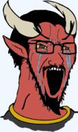 angry beard clothes crying demon ear glasses goatee hair horn looking_to_the_right mustache open_mouth pointy_ears red_skin satan soyjak stretched_mouth stubble transparent_background variant:soyak yellow_sclera // 225x378 // 73.0KB