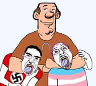 ack blue_eyes brown_hair buff centrism centrist choking chudcel clittycel flag:nazi_germany flag:transgender_pride_flag glasses hair horseshoe horseshoe_theory mustache nazism purple_hair stubble subvariant:patrick tranny troon variant:bernd variant:chudjak white_skin // 600x540 // 148.5KB