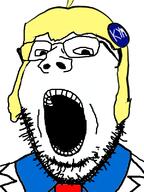 badge clothes glasses hair knowyourmeme open_mouth soyjak stubble text variant:gapejak yellow_hair // 600x800 // 99.8KB