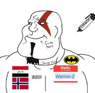 Warrior-Z(user) afghanistan arabic_text artist:satoko_fans_arent_white aryan batman batman_(series) beard blue_eyes buff closed_mouth flag flag:iraq flag:norway flag:taliban goatee god_of_war hair hello_my_name_is_(sticker) iraq kratos marker norway series:keep_raging_on_them shahada slut smile soyjak subvariant:mexiaryan taliban text variant:meximutt video_game // 886x872 // 190.5KB