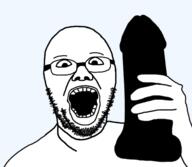 arm dildo glasses hand holding_dildo holding_object open_mouth soyjak stubble variant:selfiejak // 586x511 // 58.4KB