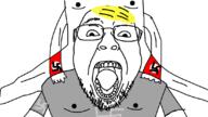 clothes gay glasses hair nate nazism open_mouth sex soyjak stubble swastika tshirt variant:bernd yellow_hair // 1095x617 // 143.3KB