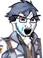 anime bloodshot_eyes blue_hair clothes crying eiyuu_densetsu glasses hair large_eyebrows open_mouth rean_schwarzer soyjak stubble variant:soyak video_game // 834x1139 // 634.7KB