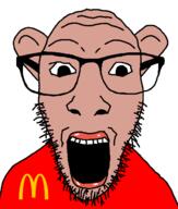 amerimutt clothes ear glasses mcdonalds open_mouth red_shirt soyjak stubble variant:dylanjak // 552x650 // 35.5KB