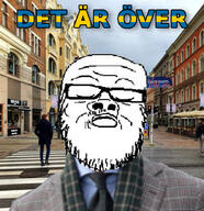 closed_eyes closed_mouth country flag glasses irl_background its_over soyjak stubble sweden text variant:a24_slowburn_soyjak // 436x449 // 226.9KB