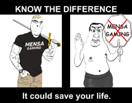 2soyjaks arm belly_button black_hair blue_eyes buff closed_mouth clothes fat glasses hair hand hand_up holding_object holding_sign mensa merge nipple shirtless sign smile sword text variant:chudjak variant:cobson variant:pissluffare wristwatch yellow_hair // 1023x801 // 190.8KB