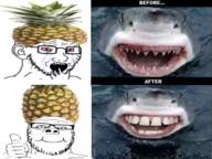 bloodshot_eyes crying ear foodjak glasses hand open_mouth pineapple shark soyjak stubble teeth thumbs_up variant:a24_slowburn_soyjak variant:soyak // 1442x1080 // 1.1MB