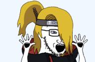 akatsuki akatsuki_uniform animated anime arm artist:hellcat blue_eyes cloak clothes deidara_(naruto) forehead_protector glasses hair hand hands_up headband iwagakure_symbol long_hair multiple_mouths naruto_(series) open_mouth ponytail soyjak stubble variant:soyak yellow_hair // 1200x787 // 220.3KB