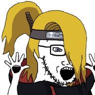 akatsuki akatsuki_uniform animated anime arm artist:hellcat blue_eyes cloak clothes deidara_(naruto) forehead_protector glasses hair hand hands_up headband iwagakure_symbol long_hair multiple_mouths naruto_(series) open_mouth ponytail soyjak stubble variant:soyak yellow_hair // 1200x787 // 220.3KB