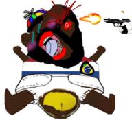 baby beard black_skin bloodshot_eyes brazil clothes coal diaper ear firearm full_body gun hat joels_alterego netherlands open_mouth pistol poop propeller_hat queen_of_hearts red_lips soyjak subvariant:kranos subvariant:pissbaby thick_eyebrows unibrow variant:impish_soyak_ears variant:meximutt // 1763x1605 // 1.2MB