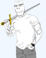 arm closed_mouth clothes glasses grey_pants hair hand holding_object holding_sword muscles smug sonnenrad soyjak stubble subvariant:muscular_chud2 subvariant:nucob sword template transparent_background variant:cobson // 1514x1910 // 206.3KB