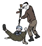 ak-47 art bayonet boots bulletproof_vest closed_mouth clothes drawing glasses helmet open_mouth rifle soldier stabbing uniform united_nations variant:bernd variant:chudjak white_background // 1171x1269 // 148.6KB