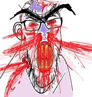 blood bloodshot_eyes clenched_teeth cracked_teeth ear glasses large_eyebrows mustache nosebleed purple_skin soyjak stretched_mouth stubble subvariant:feralrage variant:feraljak vein yellow_teeth // 883x937 // 642.0KB