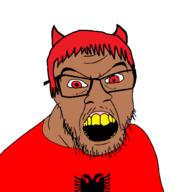 albania angry brown_skin country flag flag:albania hair horn open_mouth red_eyes red_hair reichsadler soyjak variant:feraljak yellow_teeth // 1500x1500 // 53.4KB