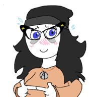 avengers beanie blue_eyes blush closed_mouth clothes female glasses hair hand necklace no_nose shy smile soyjak variant:soytan // 631x656 // 11.0KB