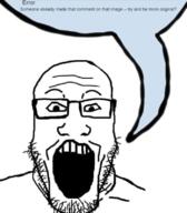 glasses open_mouth soybooru soyjak speech_bubble stubble text variant:markiplier_soyjak // 698x798 // 240.7KB