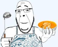apron clothes cooking fist food glasses hand holding_object ladel smile soup tshirt variant:cobson // 1715x1385 // 1.2MB