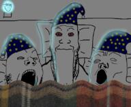 4soyjaks bed blanket bloodshot_eyes closed_eyes closed_mouth clothes comfy hat insomnia lightbulb night nightcap nightlight pillow sleeping smile soyjak stubble trend:soyjak_trio variant:gapejak variant:markiplier_soyjak variant:soyak variant:tony_soprano_soyjak // 829x679 // 324.3KB