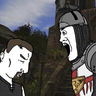 armor chain_mail closed_eyes closed_mouth gothic gothic_2 helmet lothar nameless_hero open_eyes open_mouth sad side_profile subvariant:sideplier variant:chudjak variant:markiplier_soyjak video_game // 2000x2000 // 2.5MB