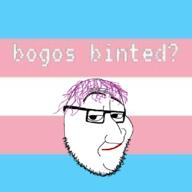 bogos_binted closed_mouth flag flag:transgender_pride_flag glasses purple_hair raised_eyebrow smug soyjak stubble text tranny transgender_flag variant:smugjak // 826x826 // 173.6KB