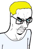 angry arm blue_eyes closed_mouth clothes glasses hair soyjak subvariant:chudjak_seething tshirt variant:chudjak yellow_hair // 899x1078 // 145.2KB