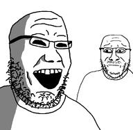 bald black_eyes double_chin duo evil forehead_mark glasses retard scared shadow smile stubble two_soyjaks variant:retard_duo worried // 1125x1093 // 65.5KB