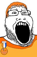 badge clothes glasses hair open_mouth orange_hair soyjak soyzellig_party stubble variant:markiplier_soyjak2 zach zarty // 645x973 // 52.9KB