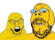2soyjaks angry animal dog ear glasses janny mustache soyjak stubble variant:feraljak variant:gapejak yellow yellow_skin // 844x612 // 397.9KB