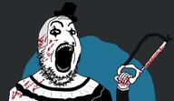 art_the_clown blood blood_on_face blood_splatter clothes clown drawn_background hacksaw hand hat holding_object open_mouth saw soyjak stubble terrifier top_hat variant:gapejak // 1659x962 // 122.2KB