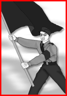 armband belt belt_buckle black_hair black_pants blurred_background bushy_eyebrows fascism flag flag:black frame glasses grey_shirt hand holding_flag kepi lips meta:norway_won meta:template nasjonal_samling necktie no_ears pole propaganda propaganda_poster red_frame shoulder_ranks shoulder_strap variant:chudjak vein wrinkles // 3526x5025 // 1.6MB