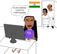 3soyjaks angry arm balding bindi biz_(4chan) brown_skin clothes computer country cryptocurrency ear female flag full_body glasses hair hand india indian leg matic polygon soyjak speech_bubble subvariant:female_chudjak subvariant:pol_face text tshirt variant:chudjak wrinkles // 2250x2144 // 364.6KB