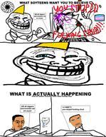 angry arm blacksun blond blue_eyes chad chad_thundercock chud computer ear flag:transgender_pride_flag glasses hand keyboard monitor mouse nose orange_skin purple_hair rope stubble table tranny trash_can trollface variant:chudjak variant:impish_soyak_ears virgin_vs_chad yellow_hair // 755x975 // 79.1KB