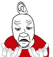 clothes downs_syndrome ear ear_surgery frown half_open_mouth hand one_ear perro_hold red_shirt retard soyjak tshirt variant:el_perro_rabioso // 430x460 // 51.9KB