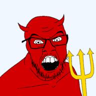 angry demon glasses horn open_mouth red_skin soyjak stubble variant:feraljak // 1500x1500 // 72.0KB