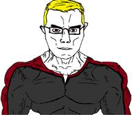 arm buff closed_mouth clothes ear glasses hair looking_at_you nate red_eyes smile soyjak soyjak_party subvariant:chudjak_front subvariant:muscular_chud variant:chudjak vein yellow_hair // 1061x930 // 43.2KB