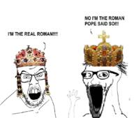 2soyjaks arm balding byzantine christian_identity christianity country crown emperor empire germany glasses greece hand hands_up historical history mustache open_mouth pope roman rome soyjak stubble subvariant:wewjak text variant:feraljak variant:soyak // 1048x924 // 550.9KB