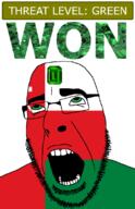 ahegao country emerald flag flag:oman gem glasses green green_eyes hair looking_up oman open_mouth schlog_color_event soyjak soyjak_blog stubble teeth text threat_level_green variant:cobson won // 721x1115 // 142.4KB