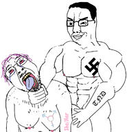 2soyjaks anal bloodshot_eyes buff closed_mouth crying eyelashes hair meta:pornographic_content mustache naked nazism nsfw open_mouth pronouns purple_hair sex smile smug soyjak strangling stubble swastika tattoo text tongue total_nigger_death tranny variant:bernd variant:chudjak yellow_teeth // 1140x1183 // 330.0KB