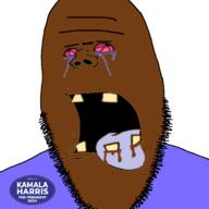 ack badge blood bloodshot_eyes crying dead kamala_harris open_mouth soyjak suicide tongue variant:cobson variant:impish_soyak_ears yellow_teeth // 721x720 // 124.0KB